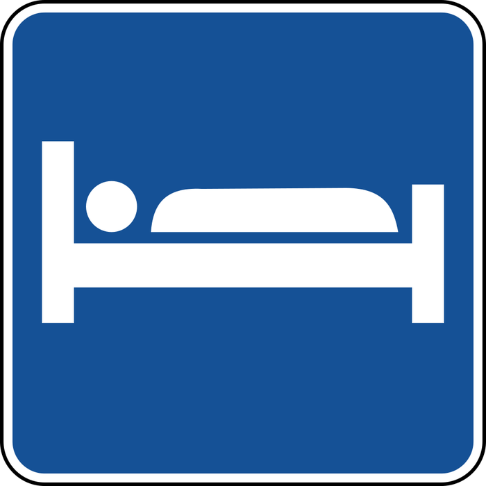 Accommodations Available sign: blue square with a white bed.