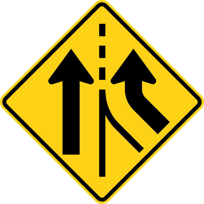 Added Lane sign: yellow diamond with two upward arrows and a lane line between them, the right arrow coming in from the side.
