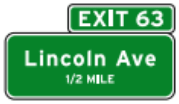 Advance Guide Sign sign: green rectangle reading Lincoln Ave 1/2 MILE with an EXIT 63 tab on top.