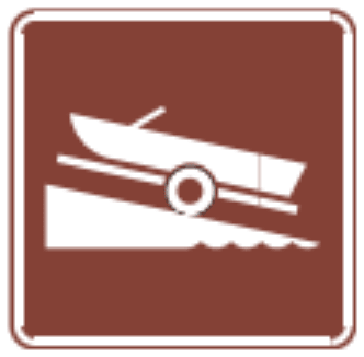 Boat Ramp sign: brown square with a boat on a trailer going down a ramp into water.
