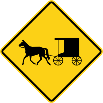 Buggy Warning sign: yellow diamond with a horse pulling a buggy.