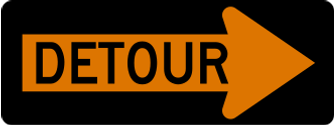 Detour sign: black rectangle with an orange arrow pointing right and the word DETOUR.