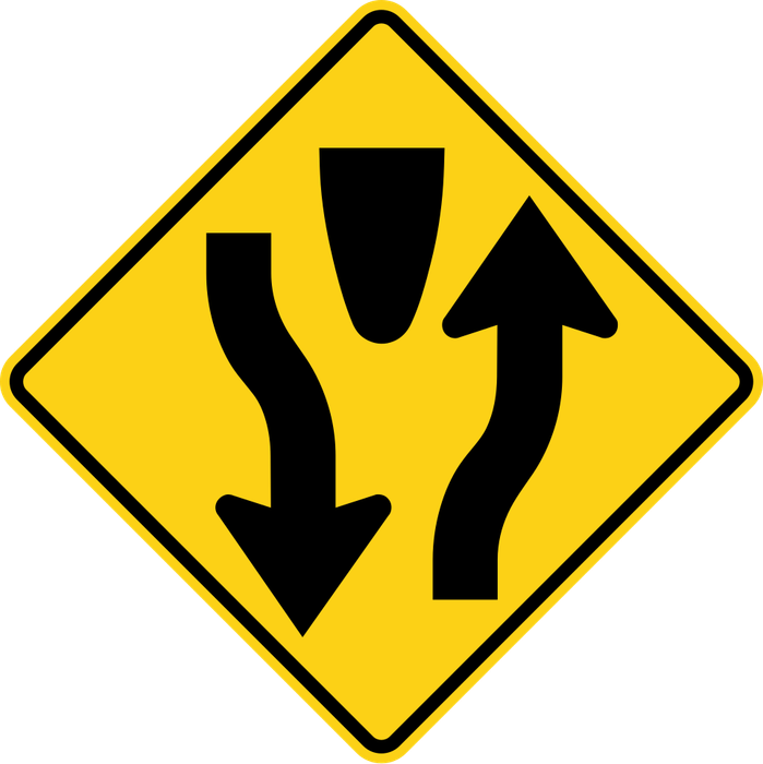 Divided Highway Begins sign: yellow diamond with two arrows going opposite ways on each side of a center divider.
