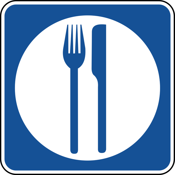 Food Services Available sign: blue square with a white plate, fork and knife.