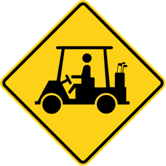 Golf Cart sign: yellow diamond with a golf cart and its driver.