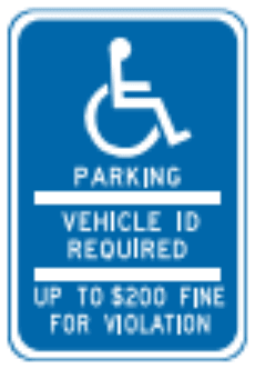 Handicap Parking sign: blue vertical rectangle with a wheelchair symbol and the words PARKING, VEHICLE ID REQUIRED.