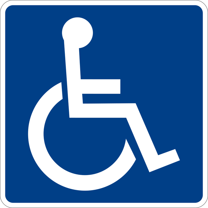 Handicap Parking sign: blue square with a white wheelchair symbol.