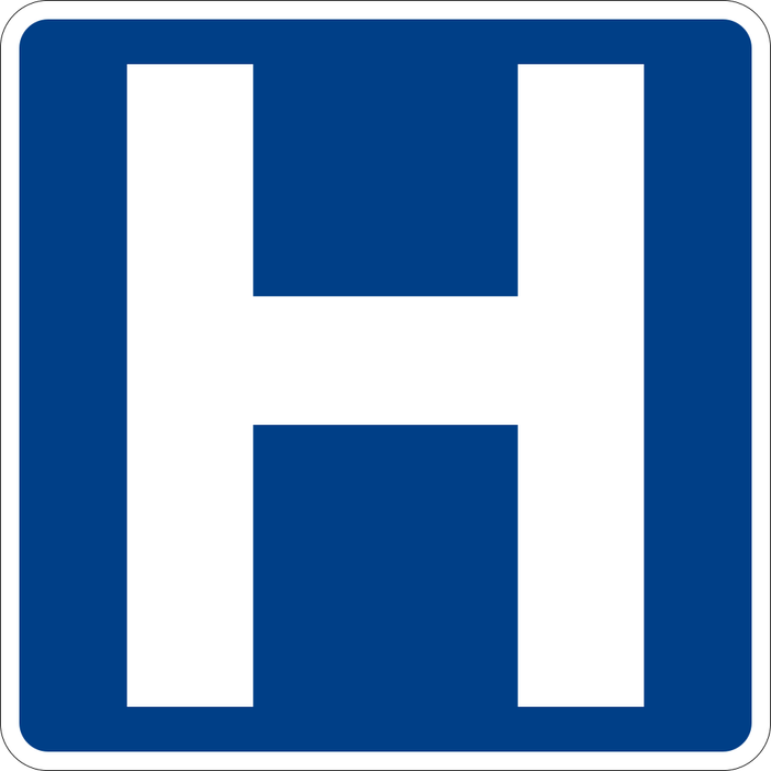 Hospital sign: blue square with a white H.