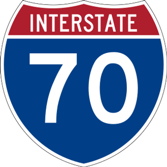 Interstate sign: blue shield with a red top band reading INTERSTATE 70.