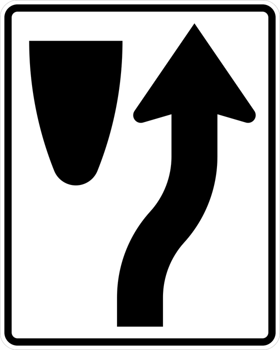 Keep Right sign: white rectangle with an arrow curving to the right of a rounded island shape.