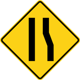Lane Ends sign: yellow diamond with two lines, the right one bending in so the right lane ends.