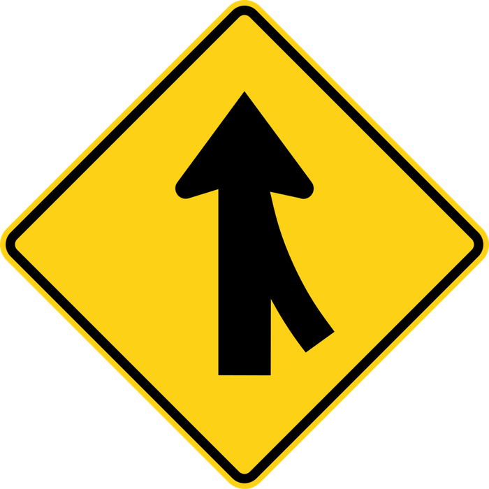 Merging Traffic sign: yellow diamond with a straight arrow and a second line joining it from the right.