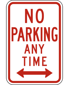 No Parking Any Time sign: white rectangle with red lettering NO PARKING ANY TIME and a red two-way arrow.