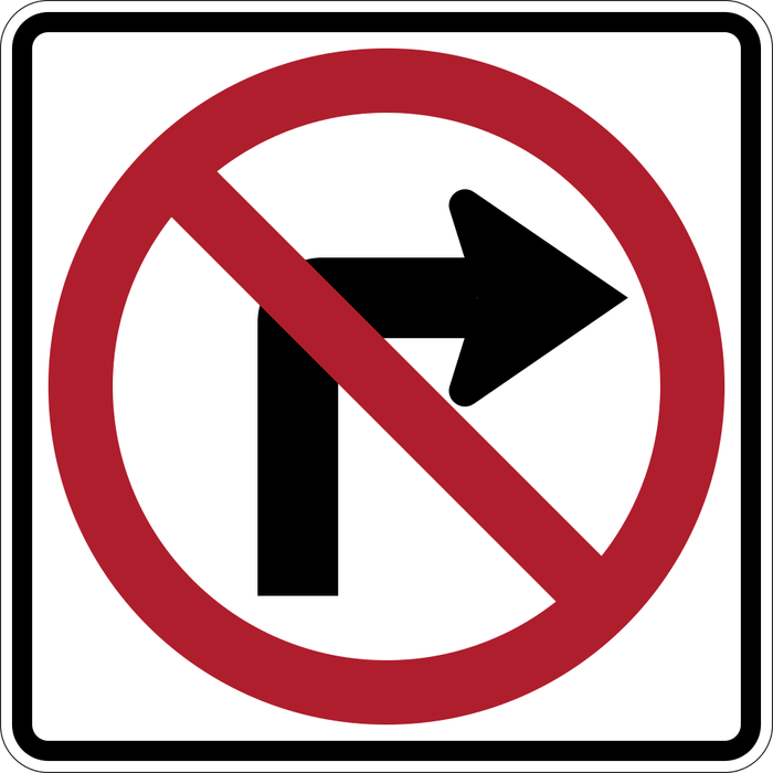 No Right Turn sign: white square with a black right-turn arrow inside a red circle with a slash.