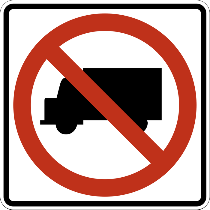 No Trucks sign: white square with a black truck inside a red circle with a slash.
