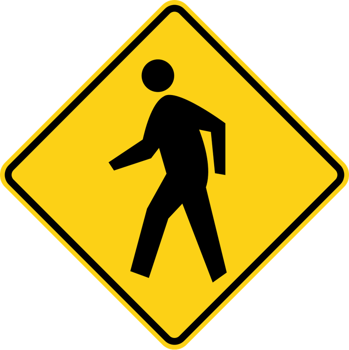 Pedestrian sign: yellow diamond with a walking person.