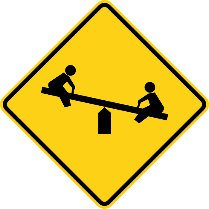 Playground Warning sign: yellow diamond with two children on a seesaw.