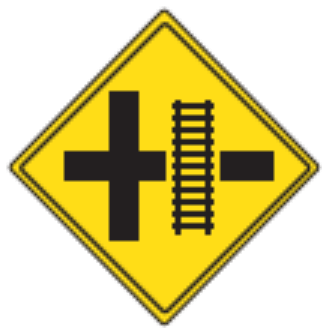 Railroad Crossing sign: yellow diamond with a crossroad and railroad tracks across the side road.