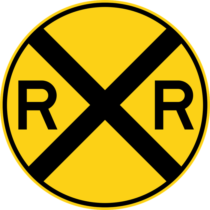 Railroad Crossing sign: round yellow sign with a black X and two R letters.