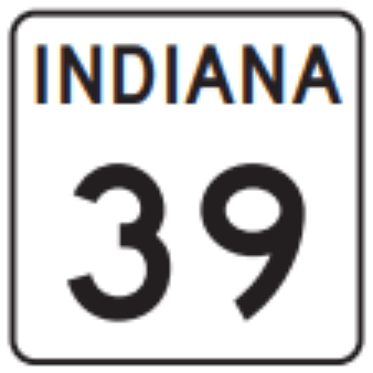State Road sign: white square with the word INDIANA and the number 39.
