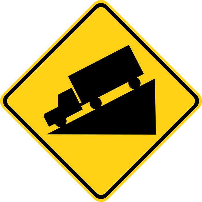 Steep Downgrade sign: yellow diamond with a truck on a steep slope.