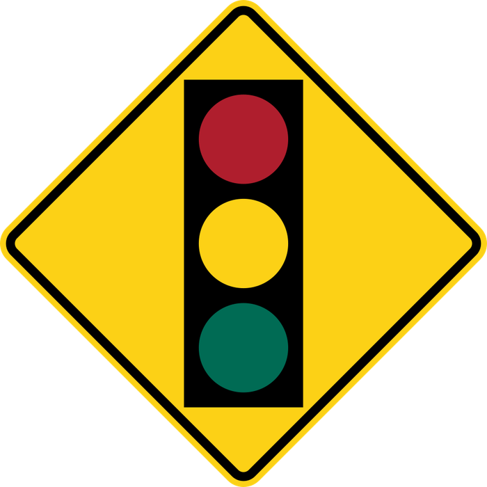 Traffic Signal sign: yellow diamond with a traffic light showing red, yellow and green.