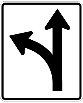 Turn Left or Go Through sign: white rectangle with an arrow pointing straight up and one curving left from it.
