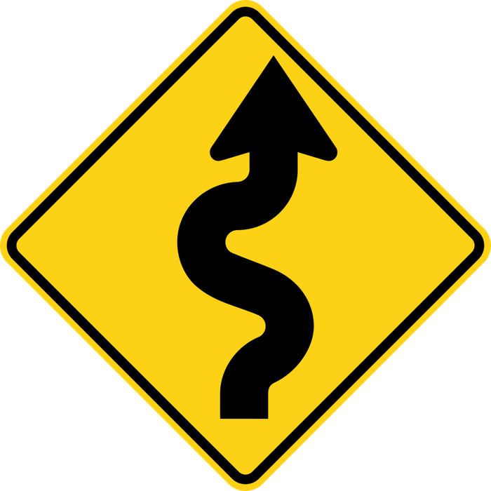 Winding Road sign: yellow diamond with a snake-shaped arrow.