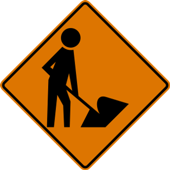 Work Crew Ahead sign: orange diamond with a worker using a shovel.