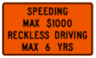 Worksite Added Penalties sign: orange rectangle listing the penalties for speeding and reckless driving.