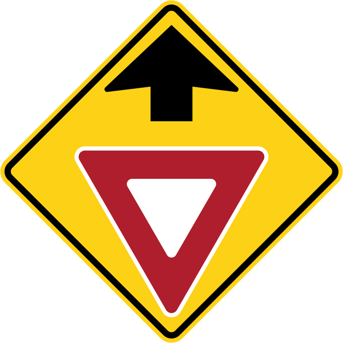 Yield Ahead sign: yellow diamond with a red and white yield triangle below an arrow.
